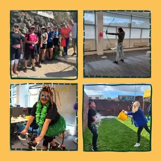 Give Back Day 2021 Colleague Fundraising: runners group shot, archer, stationary cycling on a bike stand & water being thrown from a bucket