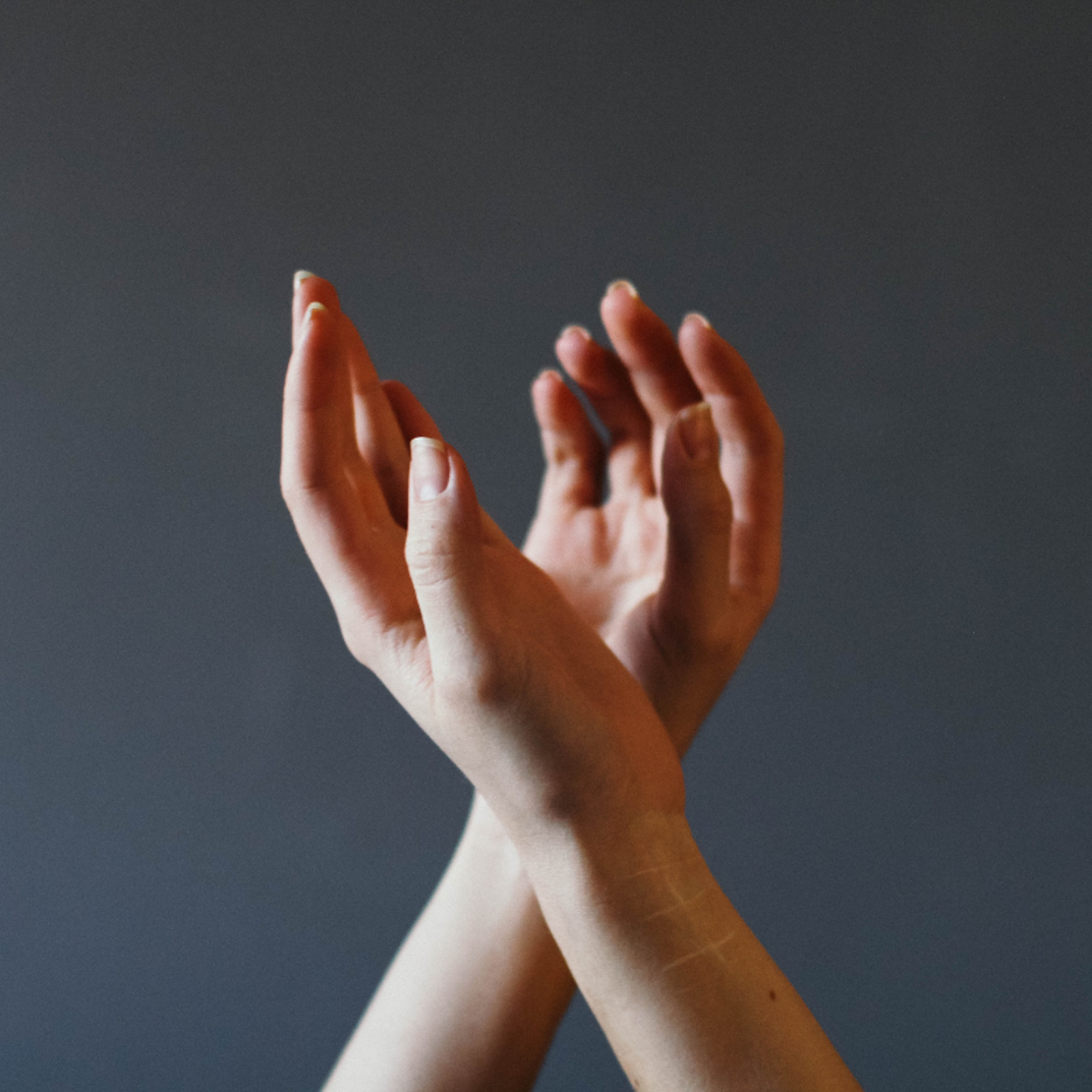 Two hands on a grey background